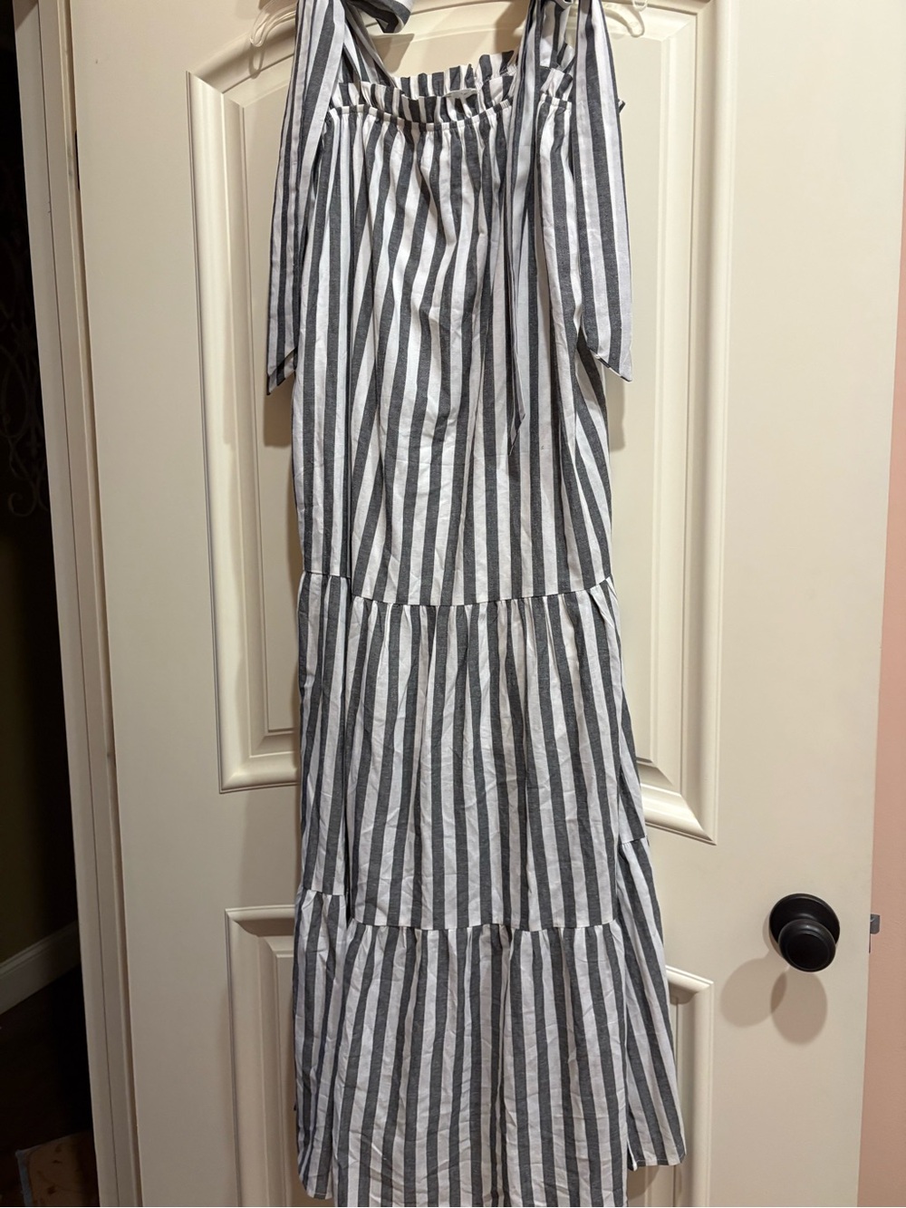 Andree White and Gray Striped Tiered Maxi Dress
